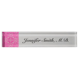 Pink and Silver Damask Customisable Nameplate