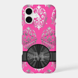 Pink and silver damask personalised monogram