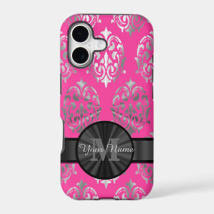 Pink and silver damask personalised monogram