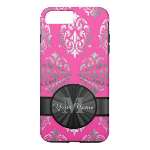 Pink and silver damask personalised monogram iPhone 8 plus/7 plus case