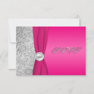 Pink and Silver Damask Quinceanera RSVP Card