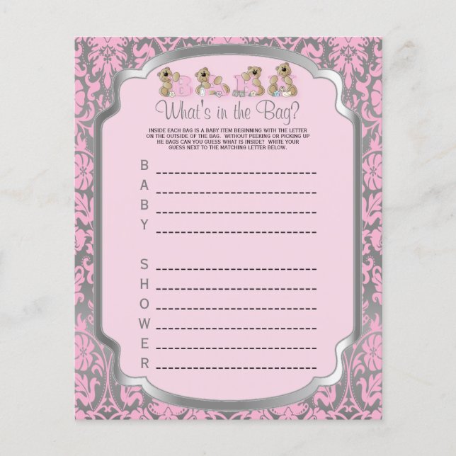 Pink and Silver Damask Teddy Bears - Game Flyer (Front)