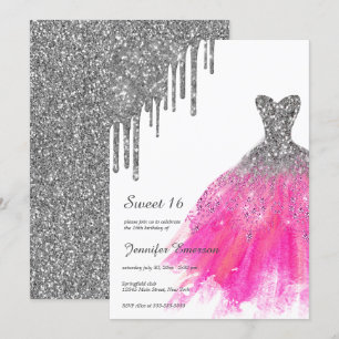 Pink and silver Dress Glitter Drips Sweet Sixteen Invitation