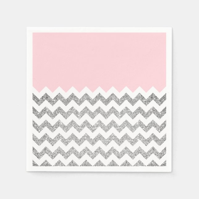 Pink and Silver Faux Glitter Chevron Napkin (Front)