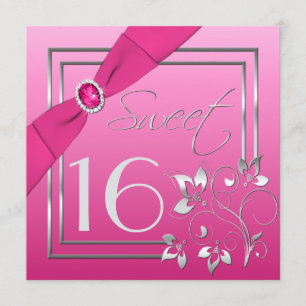 Pink and Silver Floral Sweet Sixteen Invitation