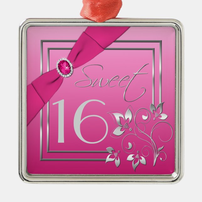 Pink and Silver Floral Sweet Sixteen Ornament (Front)