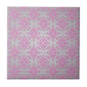 Pink and Silver Girly Damask Pattern Tile
