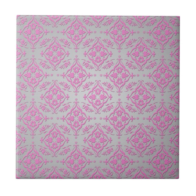 Pink and Silver Girly Damask Pattern Tile (Front)