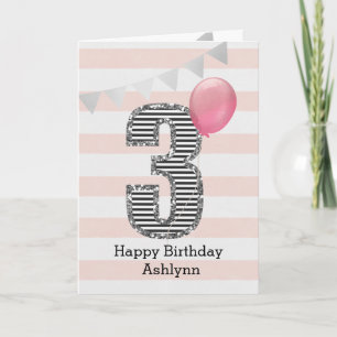 Pink and Silver Glitter 3rd Birthday Girl Card