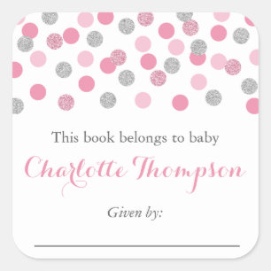 Pink and Silver Glitter Baby Bookplate Stickers