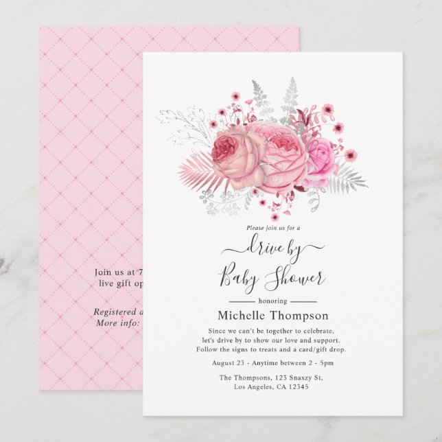 Pink and Silver Glitter Floral Drive By Shower Invitation (Front/Back)