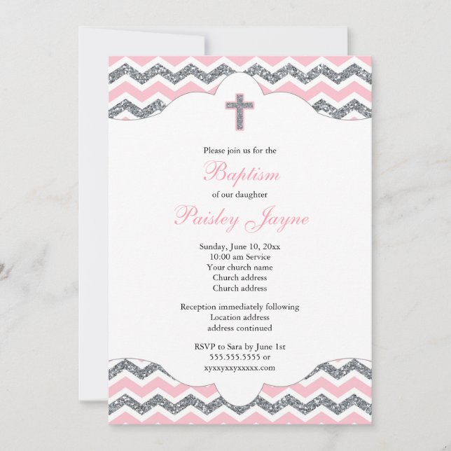 Pink and Silver Glitter Girl Baptism Christening Invitation (Front)