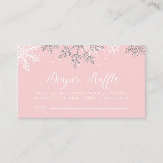 Pink and Silver Glitter Snowflake Diaper Raffle Enclosure Card (Front)