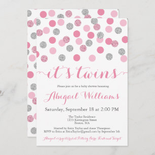 Pink and Silver Glitter Twins Baby Shower Invites