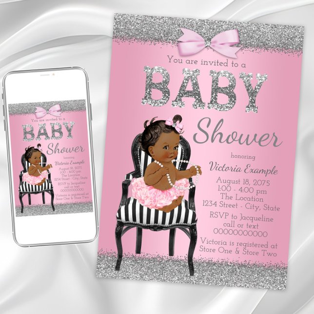 Pink and Silver Grey Ethnic Girl Baby Shower Invitation (Cute pink silver baby shower invitation. Instant download and printed invitations available.)
