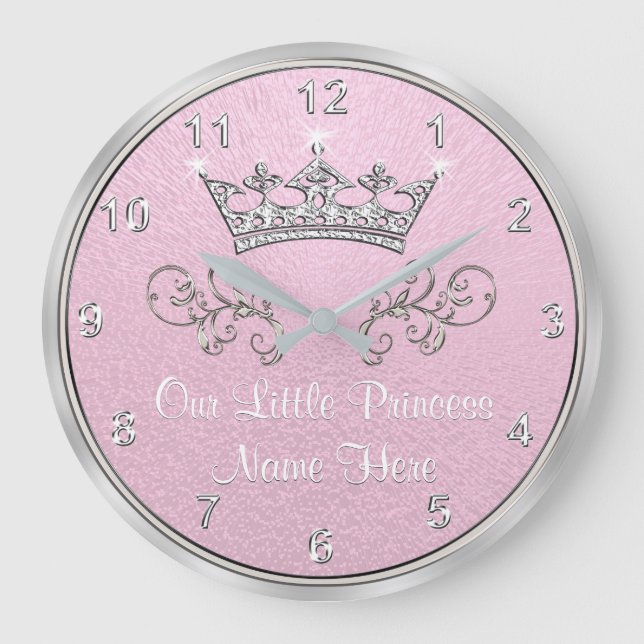 Pink and Silver Our Little Prince Clock, Your Text Large Clock (Front)