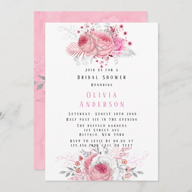 Pink and Silver Peony Florals Bridal Shower Invitation (Front/Back)