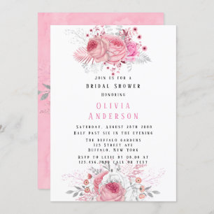 Pink and Silver Peony Florals Bridal Shower Invitation