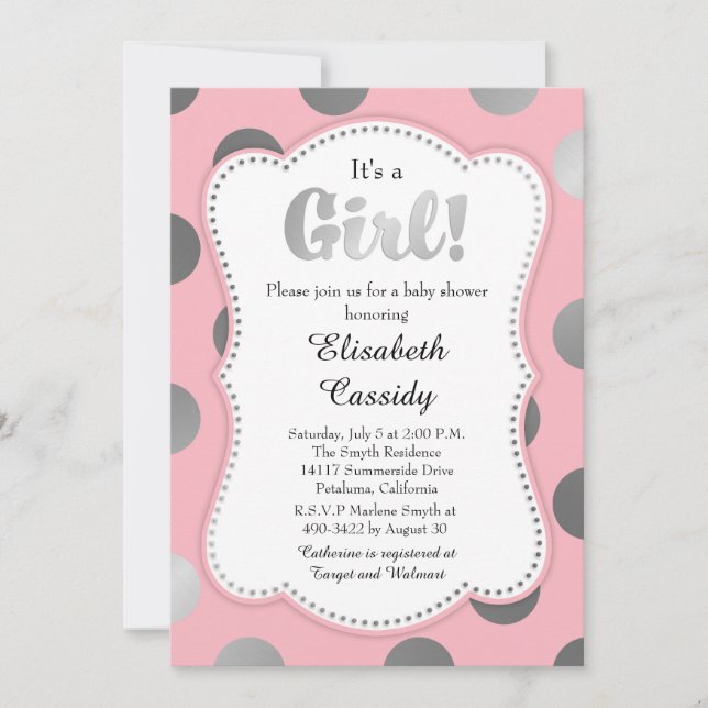 Pink and Silver Polka Dots Baby Shower Invitation (Front)
