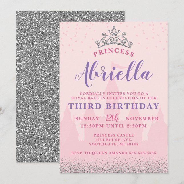 Pink and Silver Princess Birthday Invitation (Front/Back)
