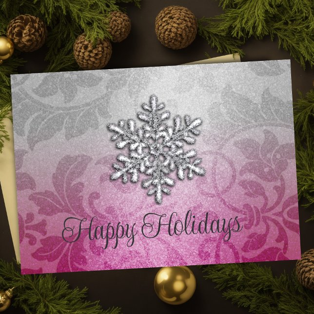 Pink and Silver Shimmer Damask Holiday Card (Creator Uploaded)