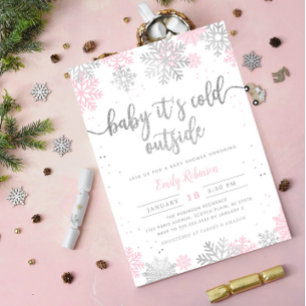 Pink And Silver Snowflake Winter Girl Baby Shower Invitation
