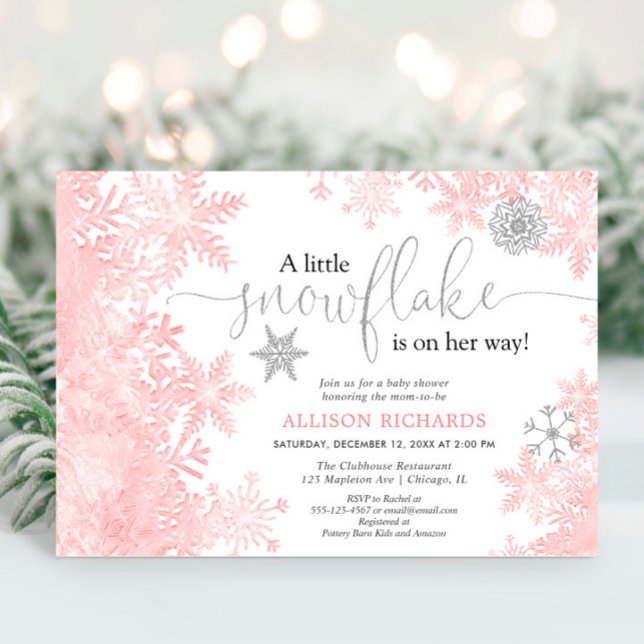 Pink and silver snowflake winter girl baby shower invitation (Creator Uploaded)