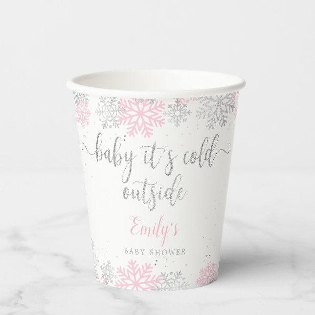 Pink And Silver Snowflakes Winter Girl Baby Shower Paper Cups (Front)