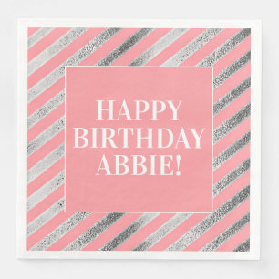 Pink and Silver Striped Birthday Party Napkins
