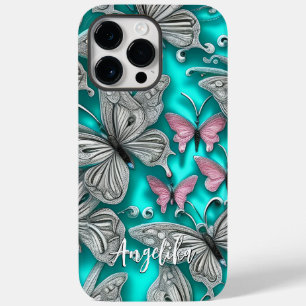 Pink and Silver Teal Butterflies Personalised Name Case-Mate iPhone 14 Pro Max Case