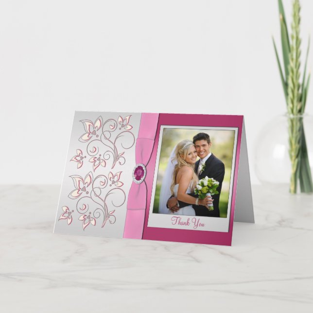Pink and Silver Thank You Card with Photo Insert (Front)