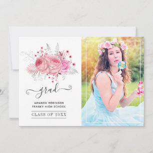 Pink and Silver Tropical Floral Graduation Photo Announcement