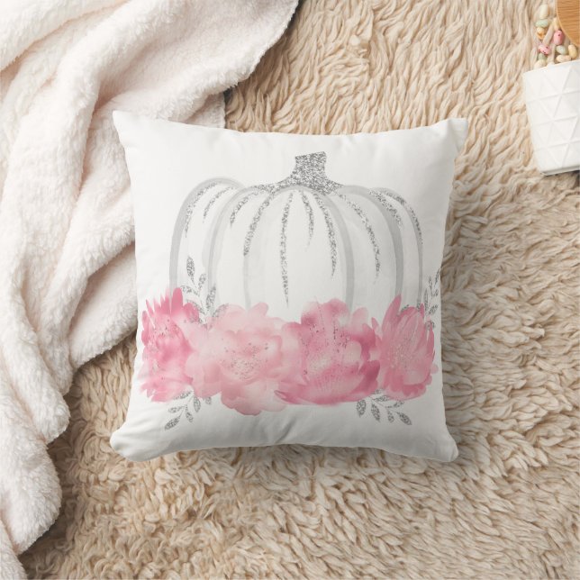  Pink and Silver Watercolor Pumpkins Throw Pillow (Blanket)