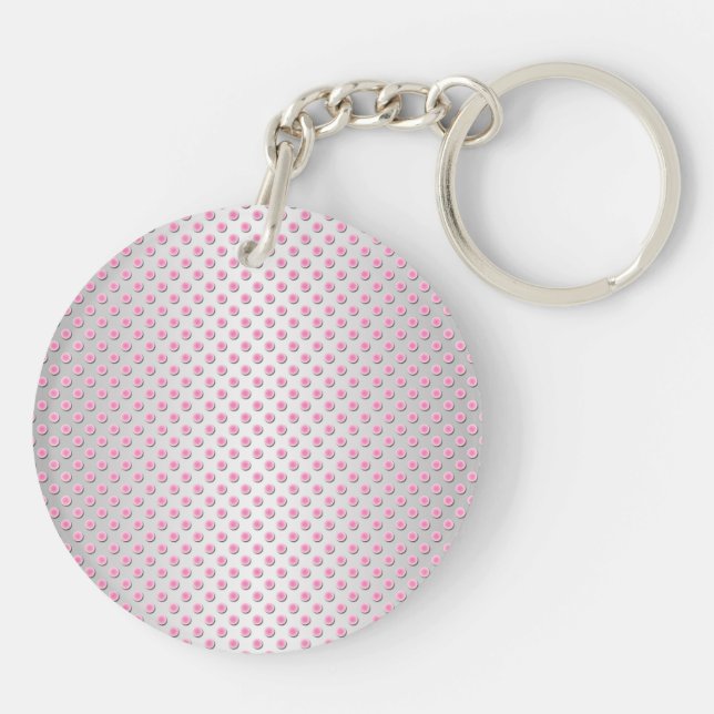 Pink and Silvery White Polka Dots Pattern Key Ring (Back)