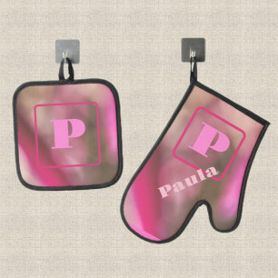 Pink and Taupe Camo Abstract Chic Monogrammed Oven Mitt & Pot Holder Set