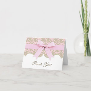 Pink and Taupe Damask Ribbon Baby Shower Thank You Card