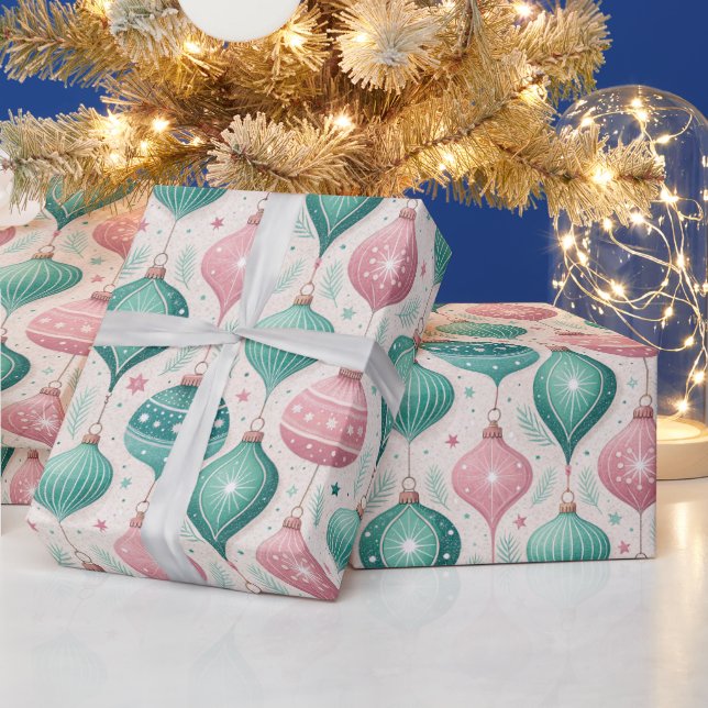 Pink and Teal Bauble Ornament Christmas Wrapping Paper (Holidays)