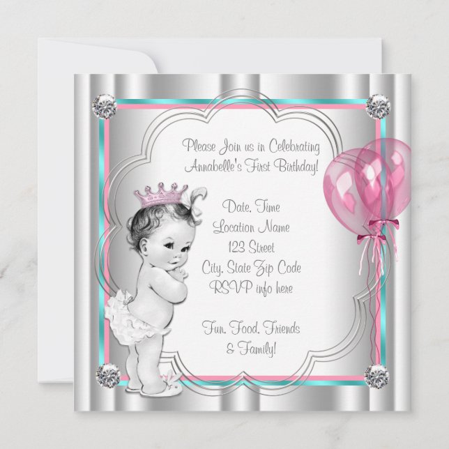 Pink and Teal Blue 1st Birthday Invitation (Back)