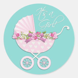 Pink and Teal Blue Baby Carriage Stickers
