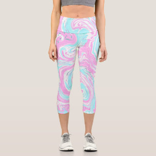 Pink and Teal Blue Cotton Candy Colours Marble  Capri Leggings
