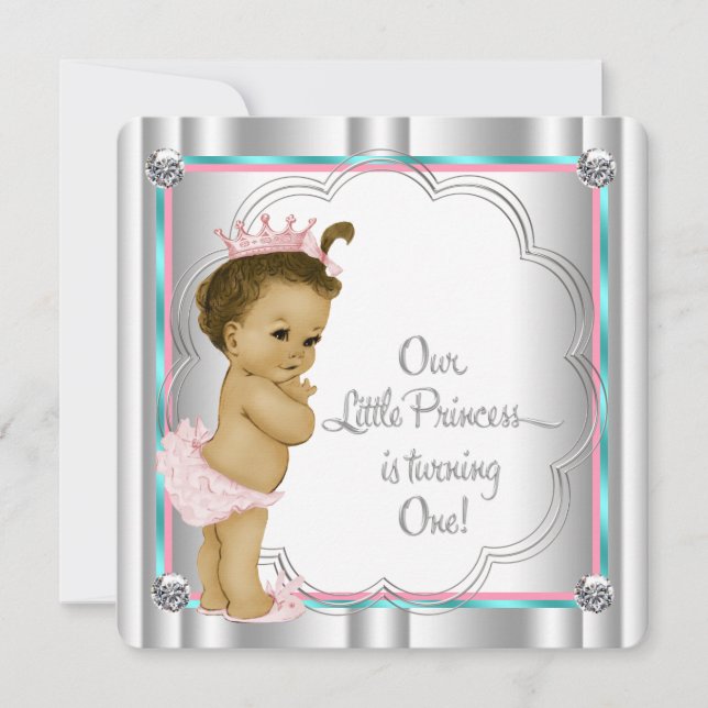 Pink and Teal Blue Princess 1st Birthday Party Invitation (Front)