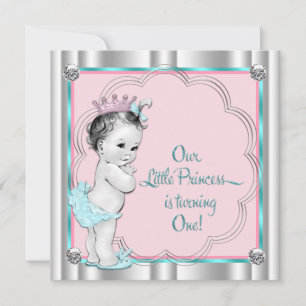 Pink and Teal Blue Princess 1st Birthday Party Invitation