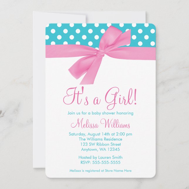 Pink and Teal Bow Polka Dot Baby Shower Invitation (Front)