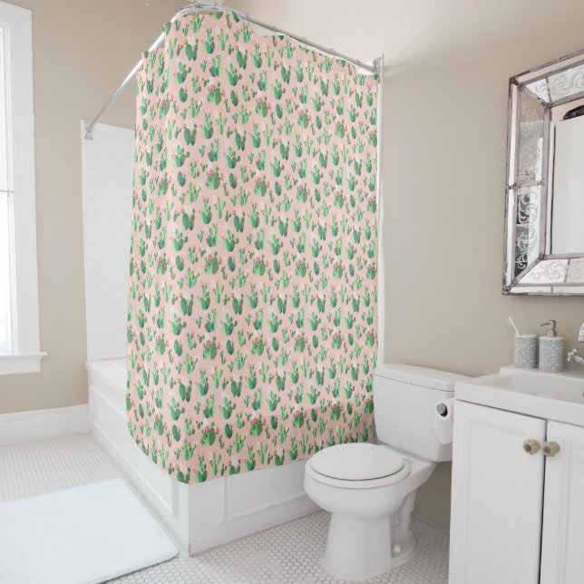 Pink and Teal Cactus Southwestern Shower Curtain (In Situ)