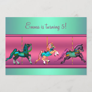 Pink and Teal Carousel Pony Birthday Party Invitation