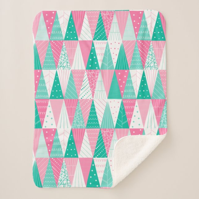 Pink and Teal Christmas Trees Sherpa Blanket (Front)