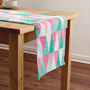 Pink and Teal Christmas Trees Short Table Runner