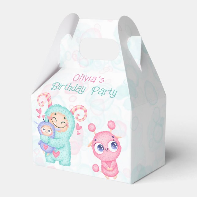 Pink and Teal Cute Monsters Girl Birthday Party Favour Box (Front Side)