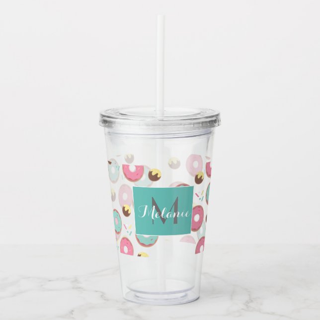 Pink and Teal Doughnut Mix Monogram Custom Acrylic Tumbler (Front)