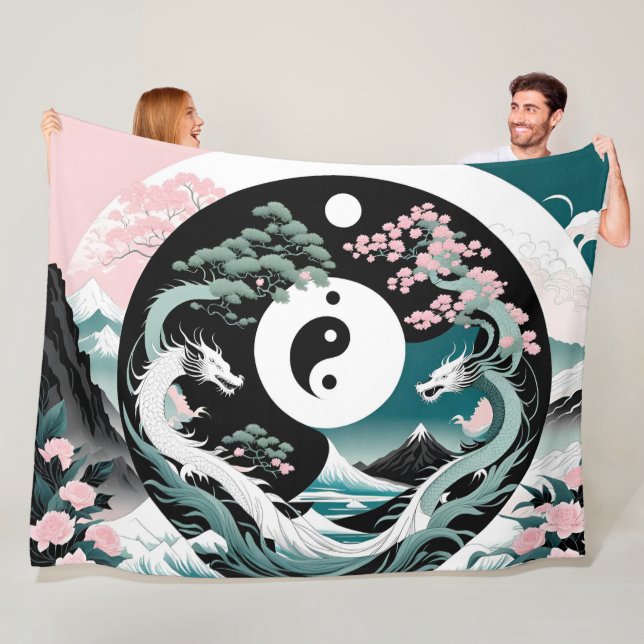 Pink and Teal Dragons Asian Landscape yin yang Fleece Blanket (In Situ)